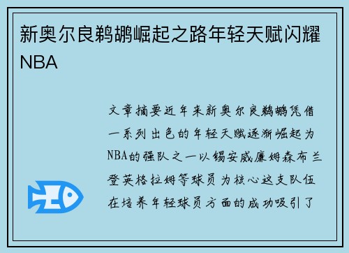 新奥尔良鹈鹕崛起之路年轻天赋闪耀NBA